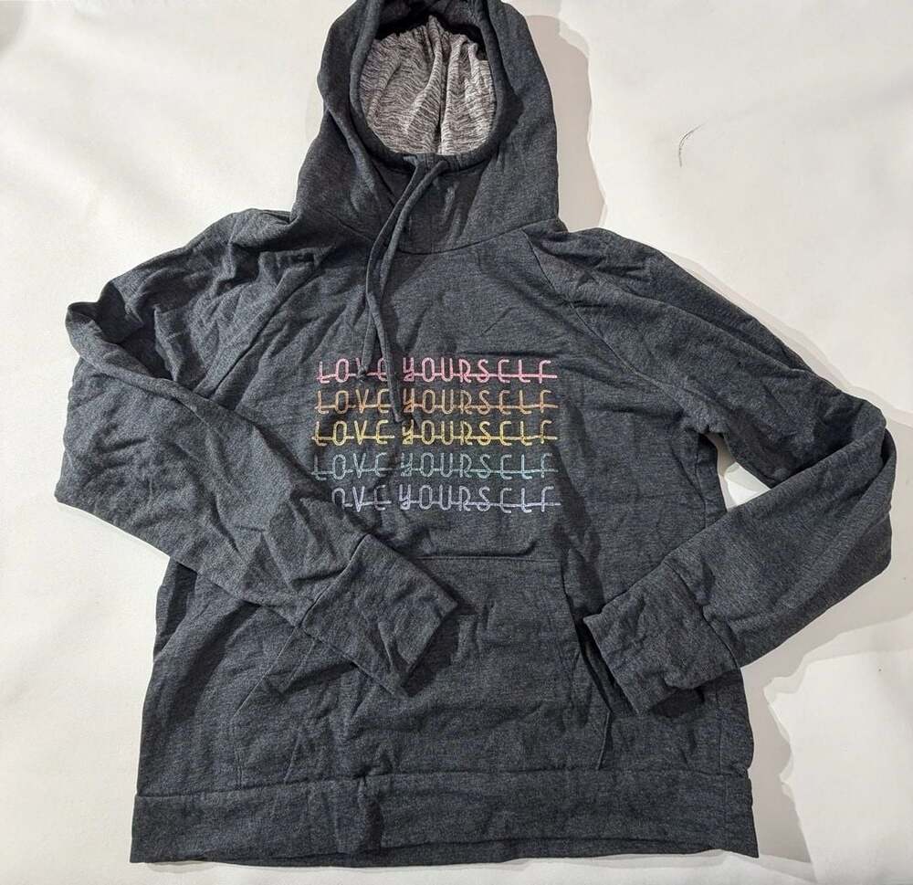 Guru Active Gray "Love Yourself" Graphic Hoodie Sweatshirt Womens Small